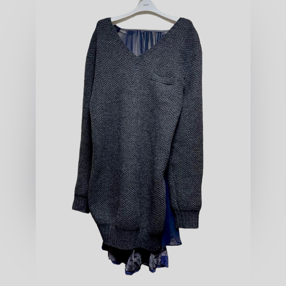 Sacai grey V  neck knit sweater dress